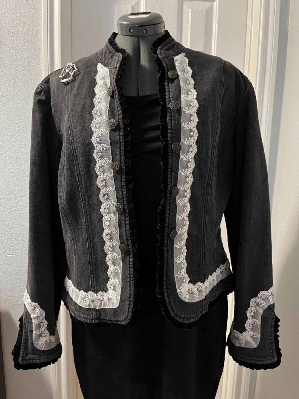 Live a Little Black Denim Jacket with Velvet and Lace Trim – Size XL